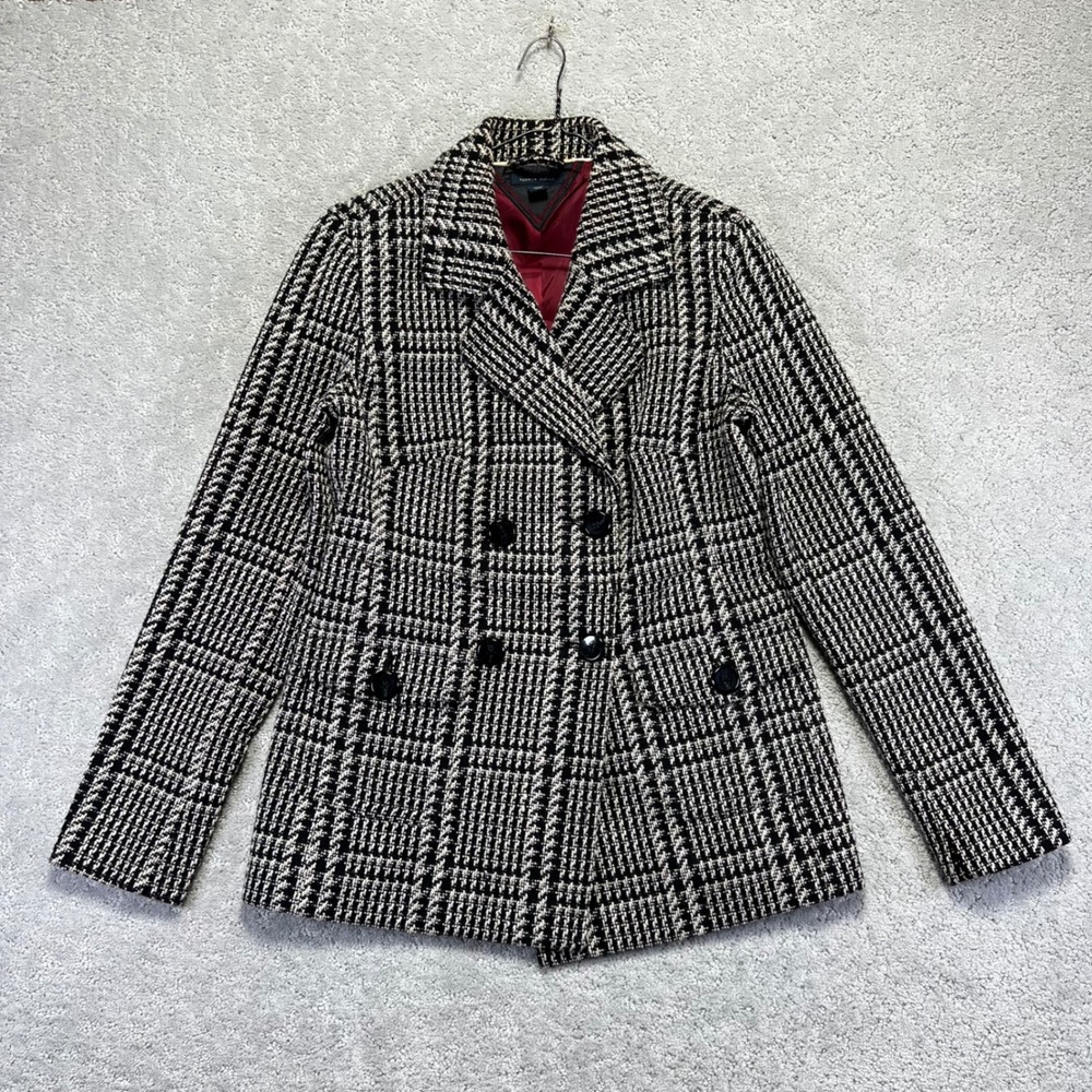 Tommy Hilfiger Pea Coat Womens S Black White Plaid‎ Double Breasted Wool Blend